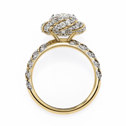 Oval Cut Lab Grown Diamond Halo Engagement Ring with Two-Tone Ribbon Wrap