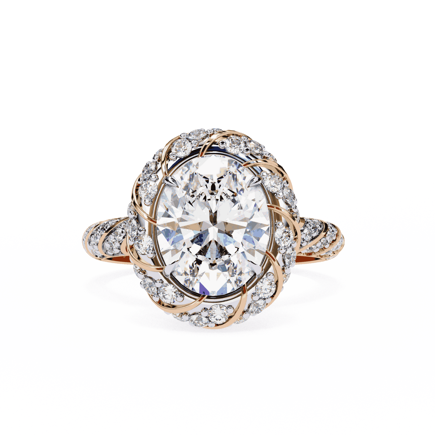 Oval Cut Lab Grown Diamond Halo Engagement Ring with Two-Tone Ribbon Wrap