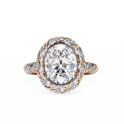 Oval Cut Lab Grown Diamond Halo Engagement Ring with Two-Tone Ribbon Wrap