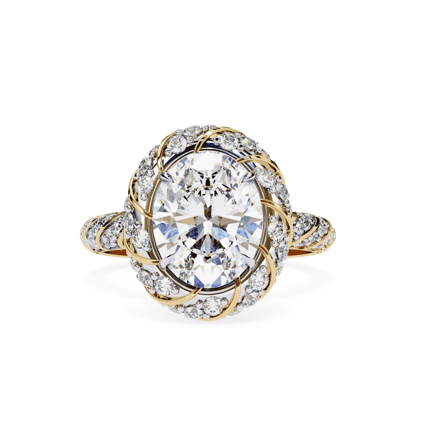 Oval Cut Lab Grown Diamond Halo Engagement Ring with Two-Tone Ribbon Wrap
