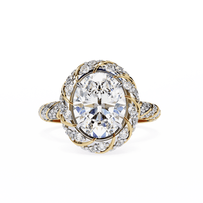 Oval Cut Lab Grown Diamond Halo Engagement Ring with Two-Tone Ribbon Wrap