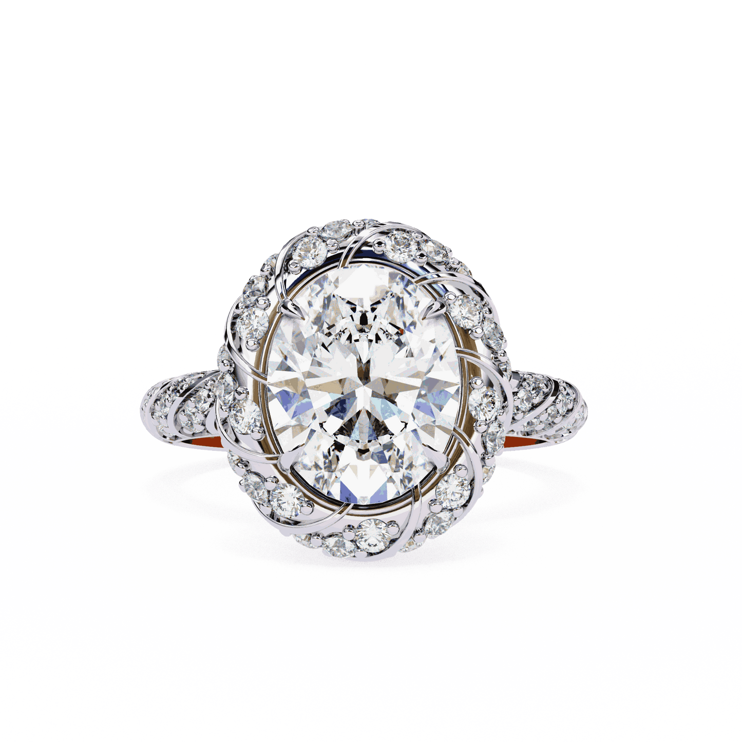 Oval Cut Lab Grown Diamond Halo Engagement Ring with Two-Tone Ribbon Wrap