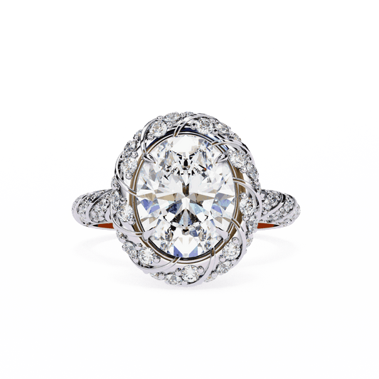 Oval Cut Lab Grown Diamond Halo Engagement Ring with Two-Tone Ribbon Wrap