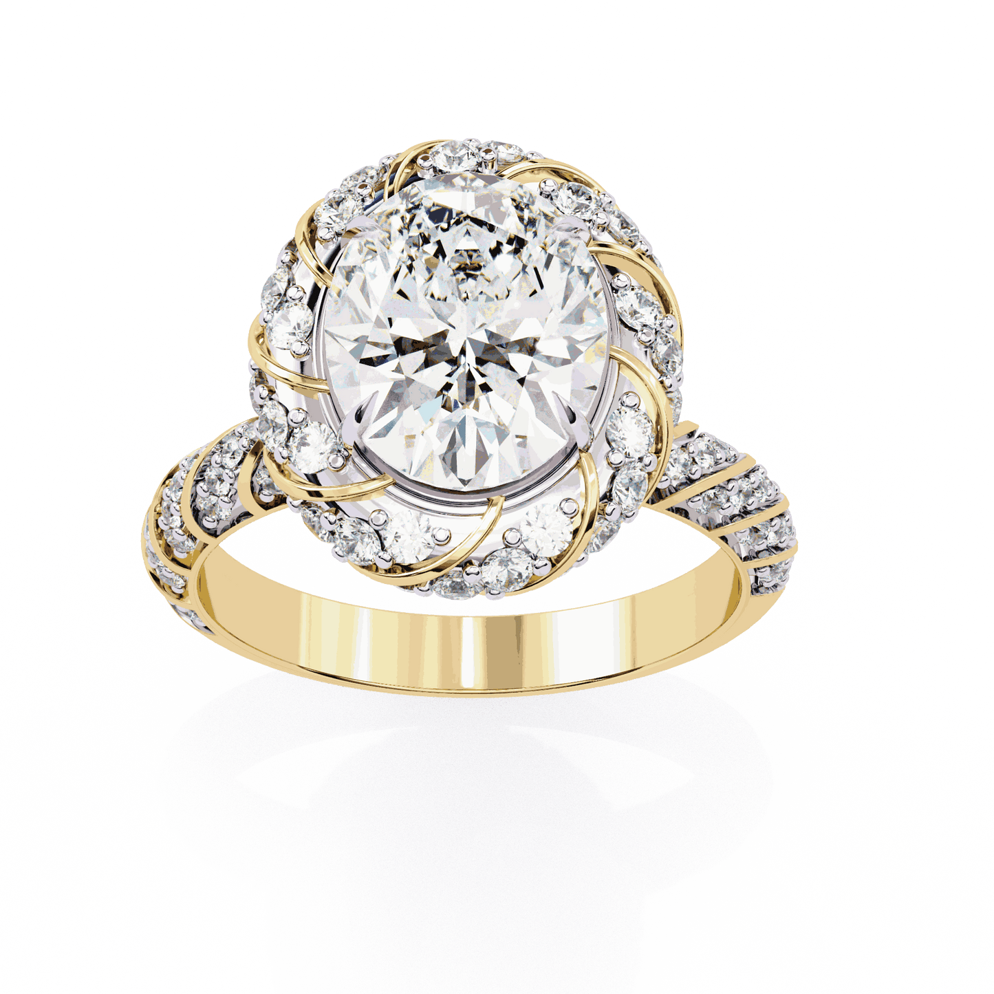 Oval Cut Lab Grown Diamond Halo Engagement Ring with Two-Tone Ribbon Wrap