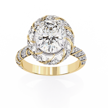 Oval Cut Lab Grown Diamond Halo Engagement Ring with Two-Tone Ribbon Wrap