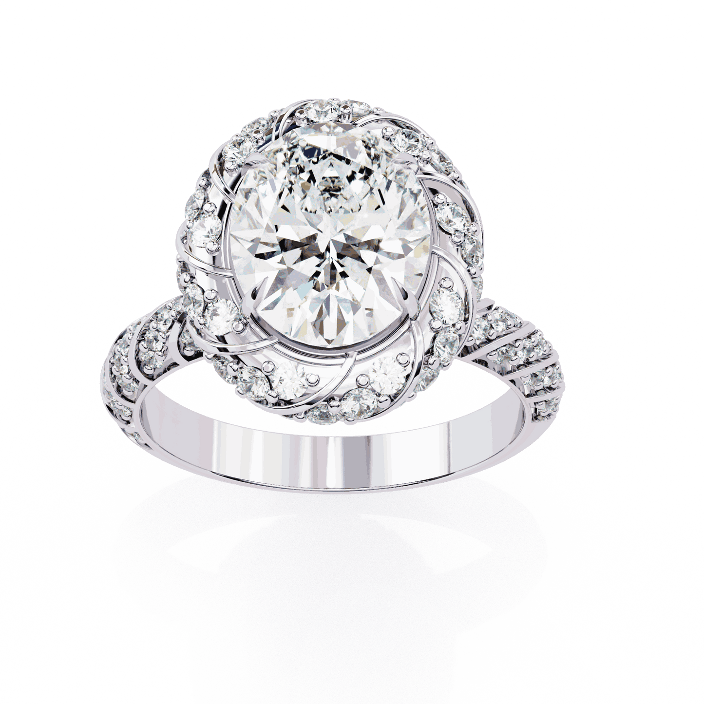 Oval Cut Lab Grown Diamond Halo Engagement Ring with Two-Tone Ribbon Wrap
