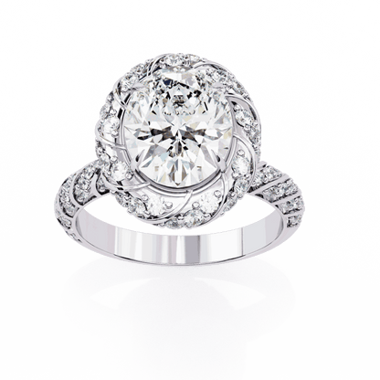 Oval Cut Lab Grown Diamond Halo Engagement Ring with Two-Tone Ribbon Wrap