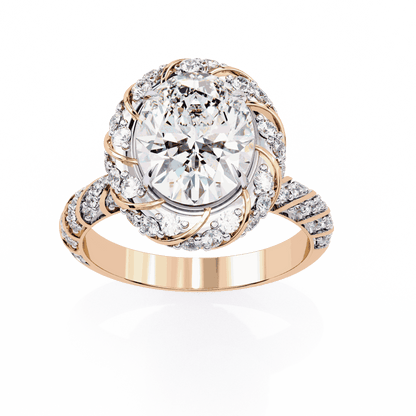 Oval Cut Lab Grown Diamond Halo Engagement Ring with Two-Tone Ribbon Wrap