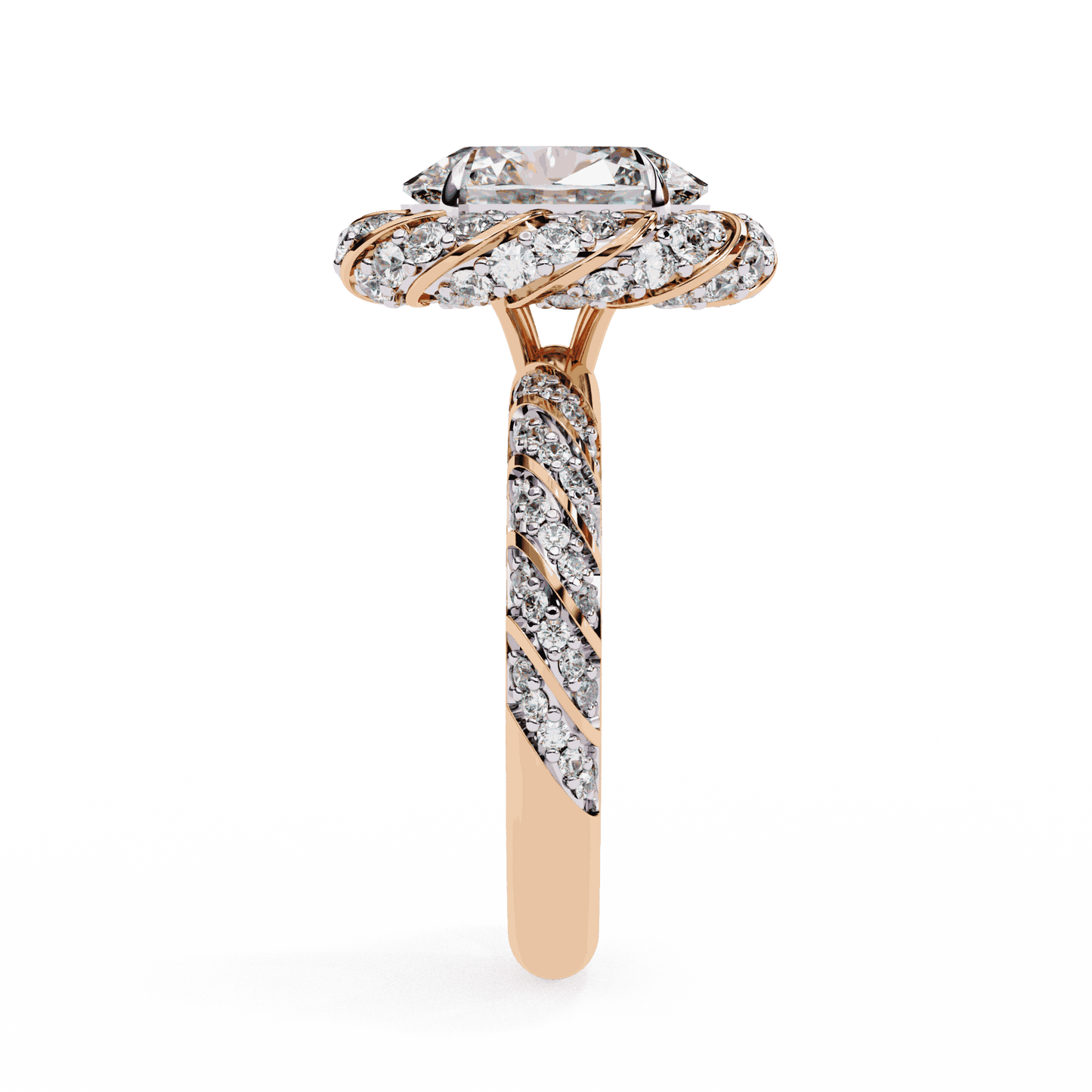 Oval Cut Lab Grown Diamond Halo Engagement Ring with Two-Tone Ribbon Wrap