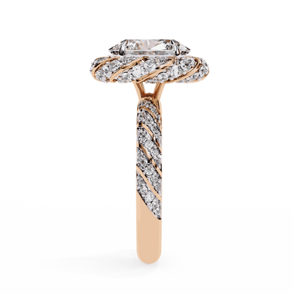 Oval Cut Lab Grown Diamond Halo Engagement Ring with Two-Tone Ribbon Wrap