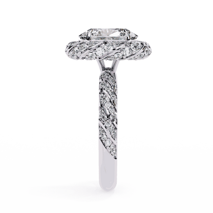 Oval Cut Lab Grown Diamond Halo Engagement Ring with Two-Tone Ribbon Wrap