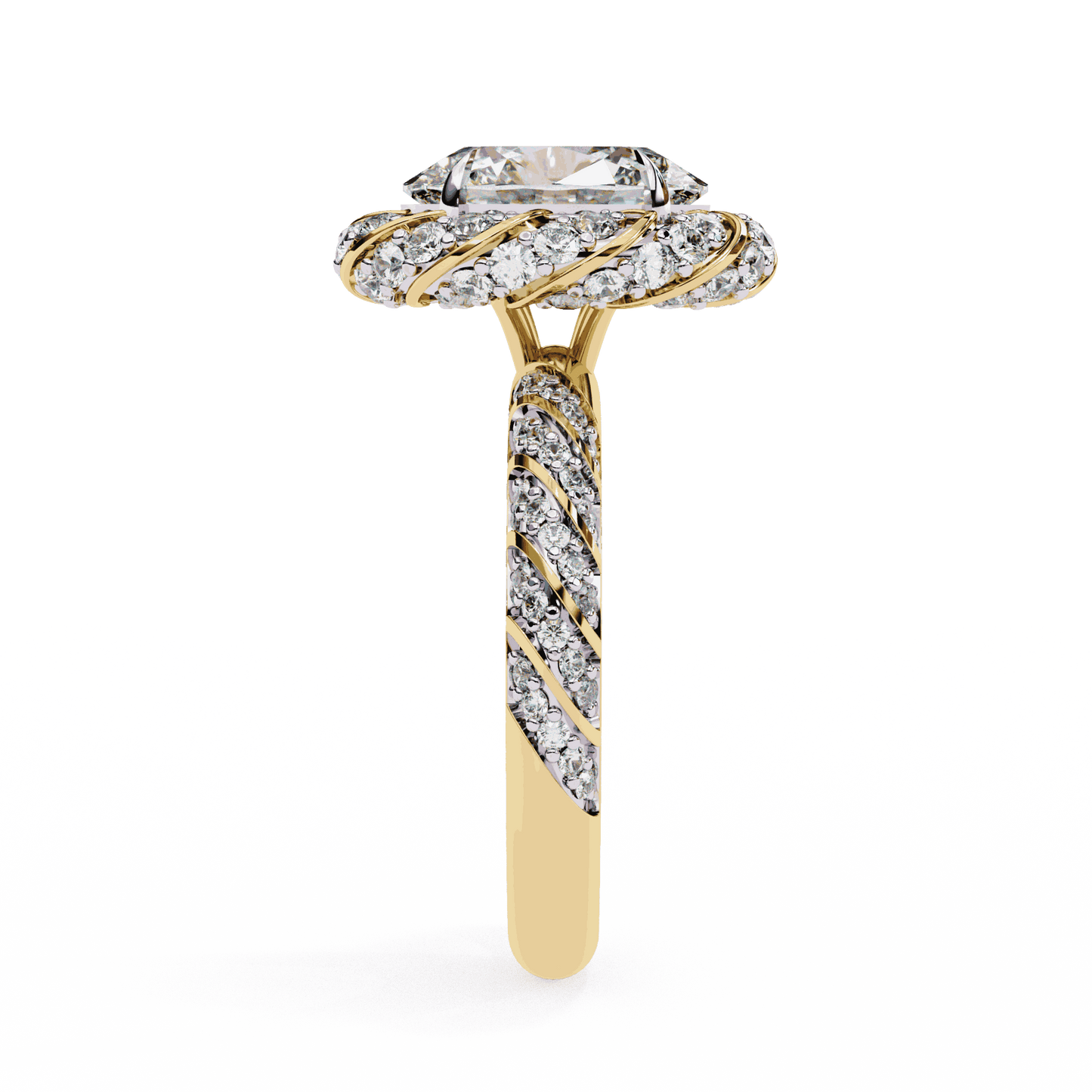 Oval Cut Lab Grown Diamond Halo Engagement Ring with Two-Tone Ribbon Wrap