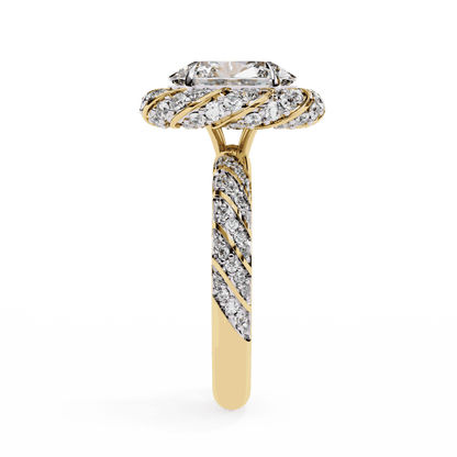 Oval Cut Lab Grown Diamond Halo Engagement Ring with Two-Tone Ribbon Wrap