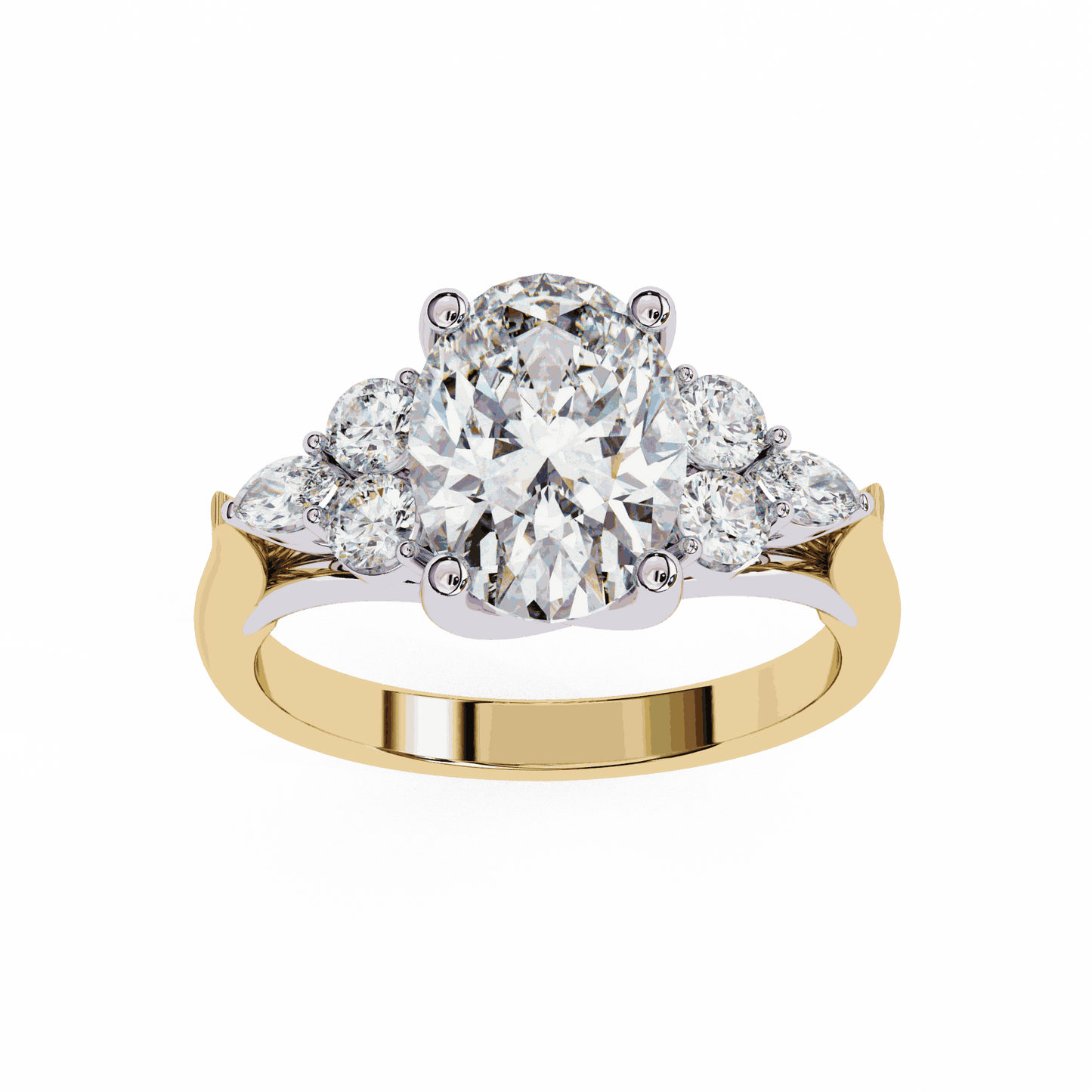 Oval Cut Lab Grown Diamond Side Stone Engagement Ring with Round and Pear Cluster Accents