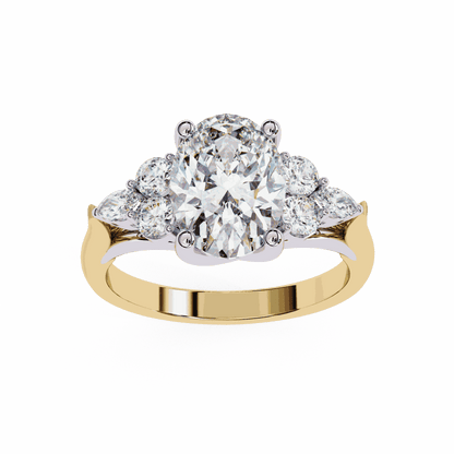 Oval Cut Lab Grown Diamond Side Stone Engagement Ring with Round and Pear Cluster Accents