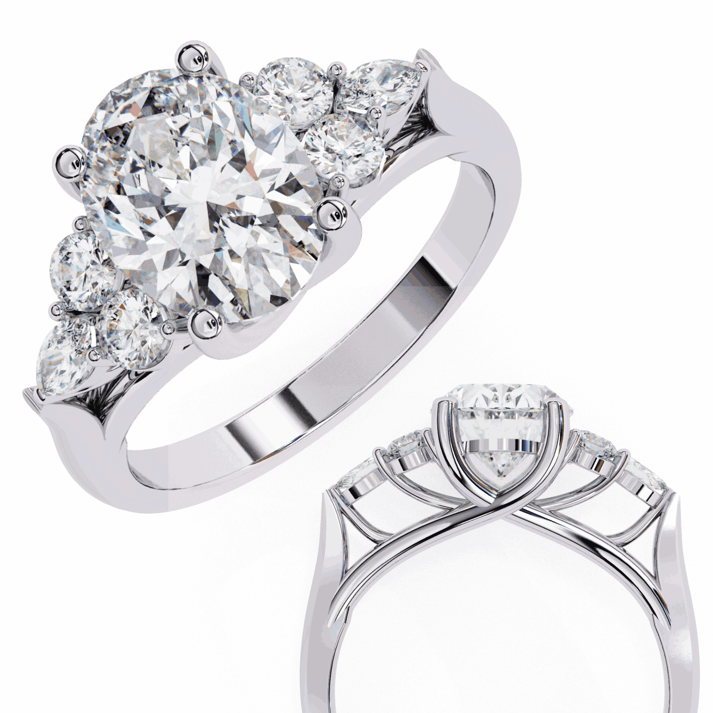 Oval Cut Lab Grown Diamond Side Stone Engagement Ring with Round and Pear Cluster Accents