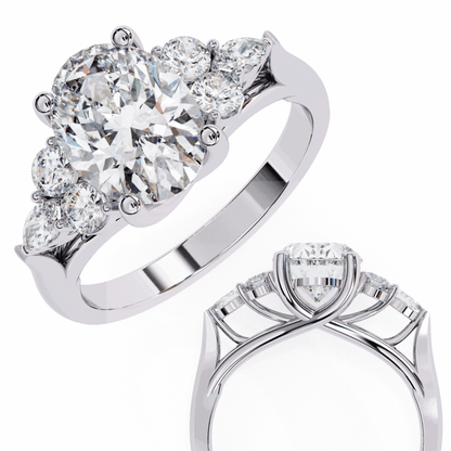 Oval Cut Lab Grown Diamond Side Stone Engagement Ring with Round and Pear Cluster Accents