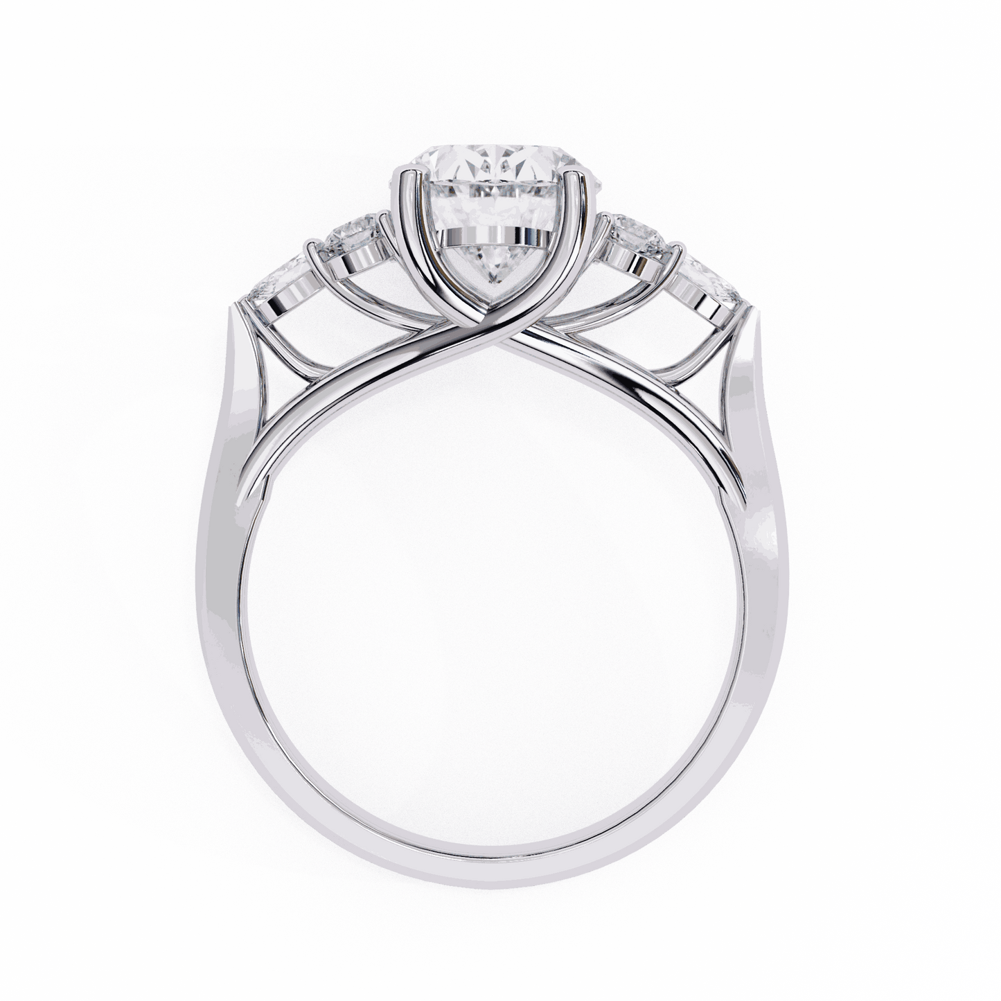 Oval Cut Lab Grown Diamond Side Stone Engagement Ring with Round and Pear Cluster Accents
