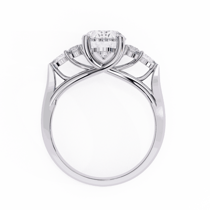 Oval Cut Lab Grown Diamond Side Stone Engagement Ring with Round and Pear Cluster Accents