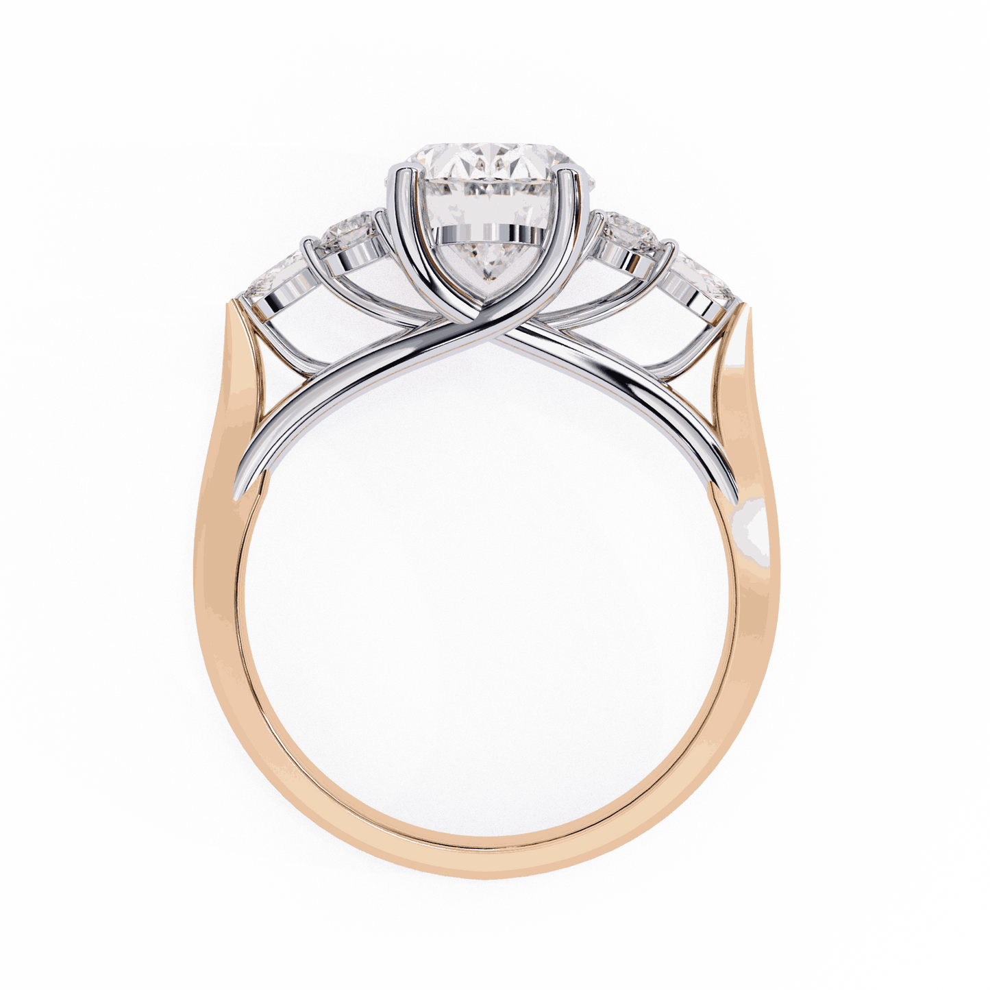 Oval Cut Lab Grown Diamond Side Stone Engagement Ring with Round and Pear Cluster Accents