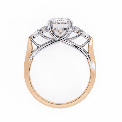 Oval Cut Lab Grown Diamond Side Stone Engagement Ring with Round and Pear Cluster Accents