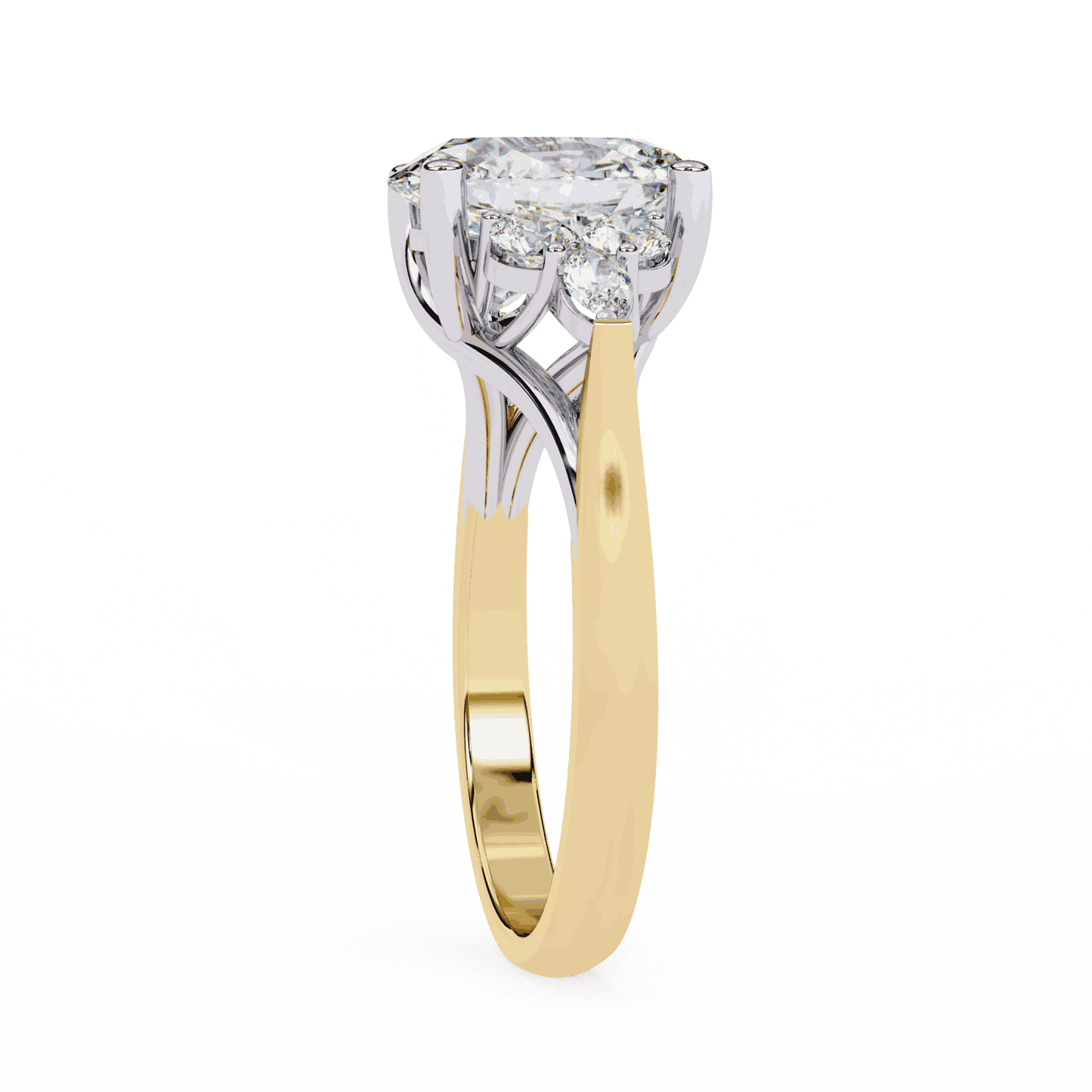Oval Cut Lab Grown Diamond Side Stone Engagement Ring with Round and Pear Cluster Accents