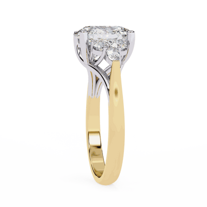 Oval Cut Lab Grown Diamond Side Stone Engagement Ring with Round and Pear Cluster Accents