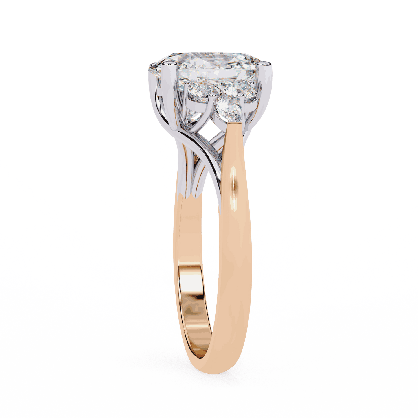Oval Cut Lab Grown Diamond Side Stone Engagement Ring with Round and Pear Cluster Accents