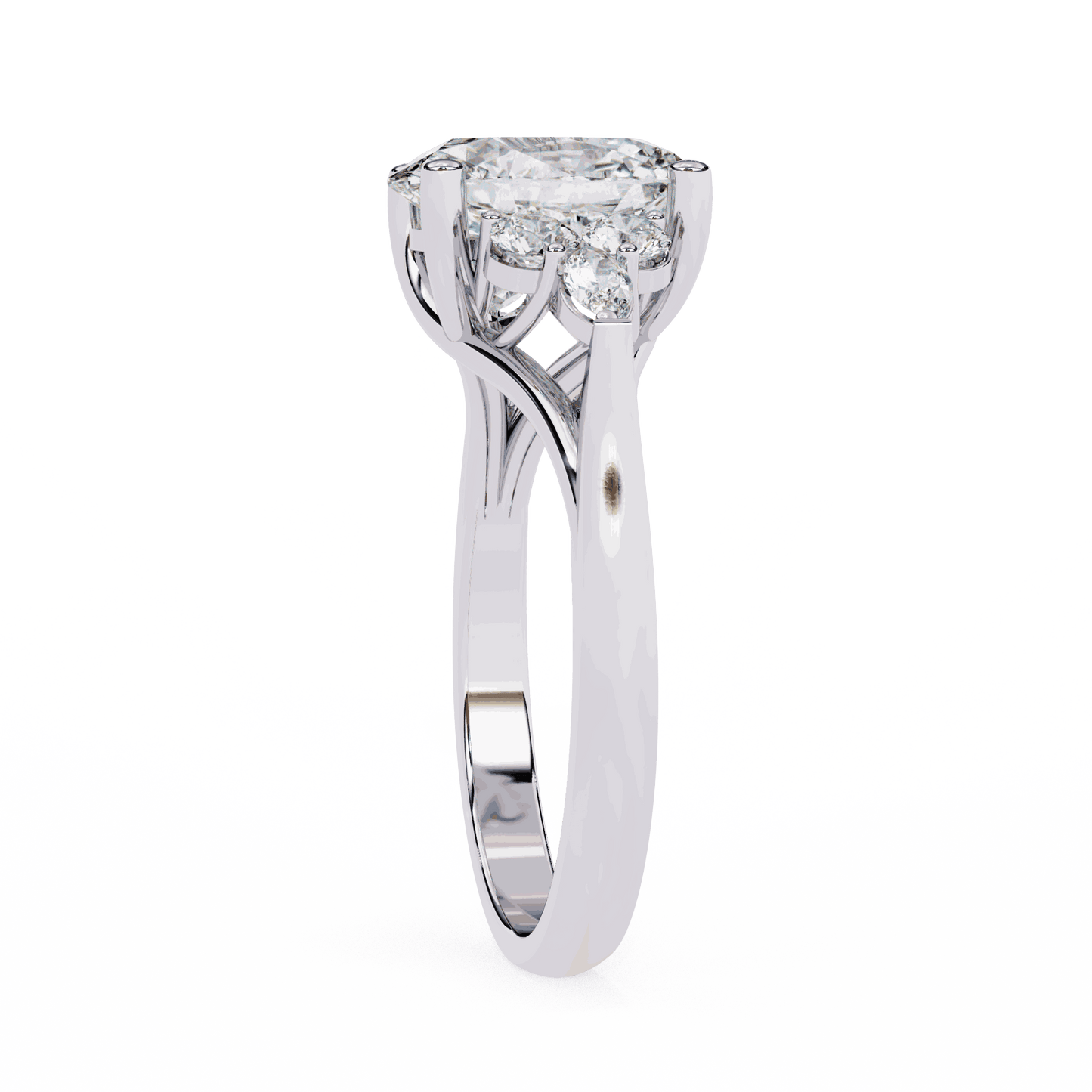 Oval Cut Lab Grown Diamond Side Stone Engagement Ring with Round and Pear Cluster Accents