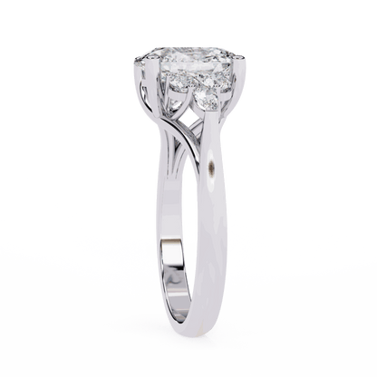 Oval Cut Lab Grown Diamond Side Stone Engagement Ring with Round and Pear Cluster Accents