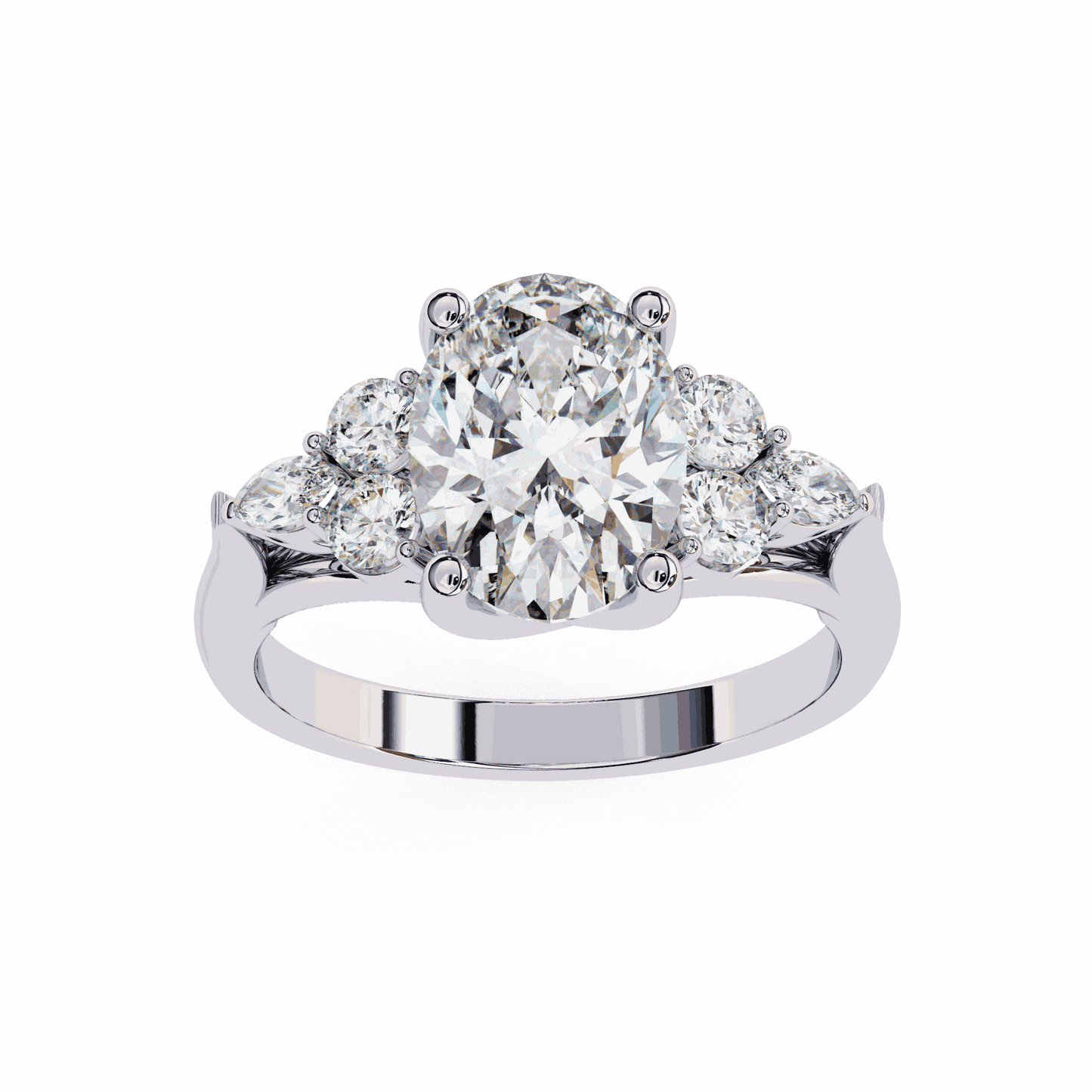 Oval Cut Lab Grown Diamond Side Stone Engagement Ring with Round and Pear Cluster Accents
