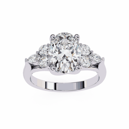 Oval Cut Lab Grown Diamond Side Stone Engagement Ring with Round and Pear Cluster Accents
