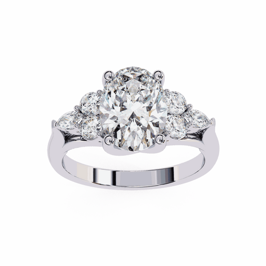 Oval Cut Lab Grown Diamond Side Stone Engagement Ring with Round and Pear Cluster Accents