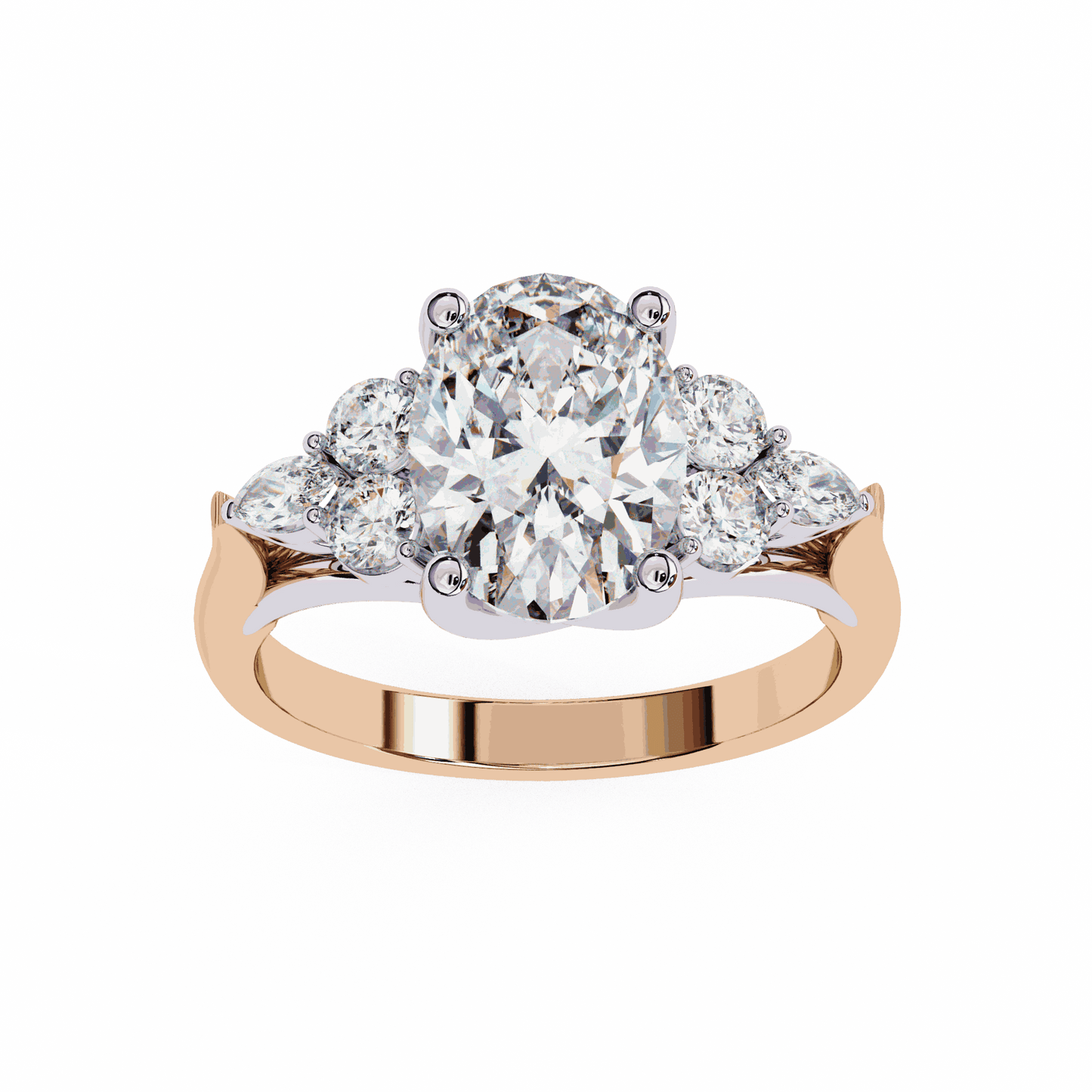 Oval Cut Lab Grown Diamond Side Stone Engagement Ring with Round and Pear Cluster Accents