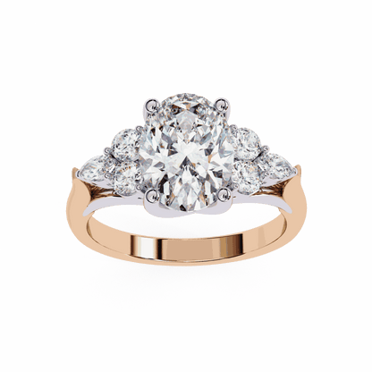 Oval Cut Lab Grown Diamond Side Stone Engagement Ring with Round and Pear Cluster Accents