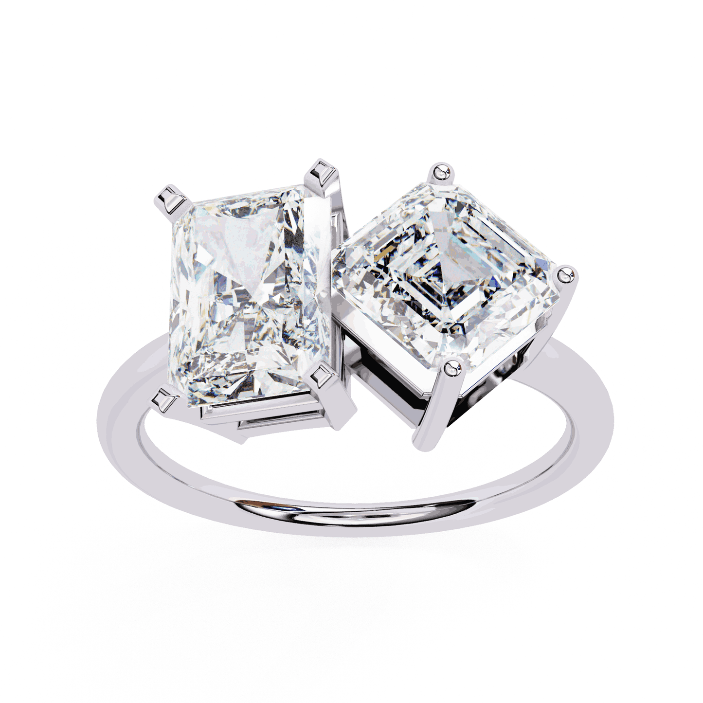 Radiant and Asscher Cut Lab Grown Diamond Toi et Moi Engagement Ring with Tilted Pairing