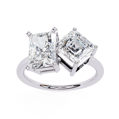 Radiant and Asscher Cut Lab Grown Diamond Toi et Moi Engagement Ring with Tilted Pairing