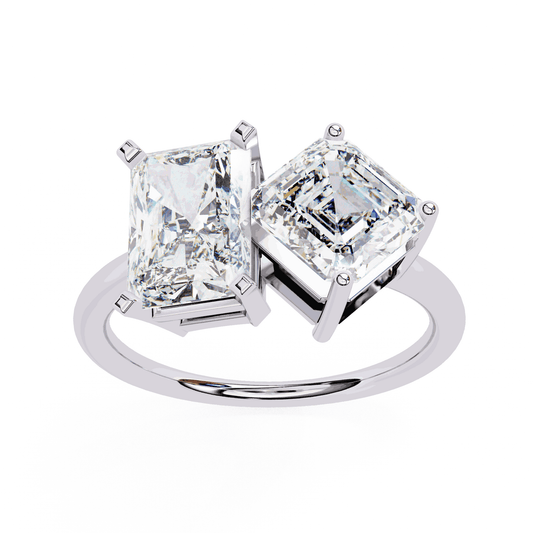 Radiant and Asscher Cut Lab Grown Diamond Toi et Moi Engagement Ring with Tilted Pairing