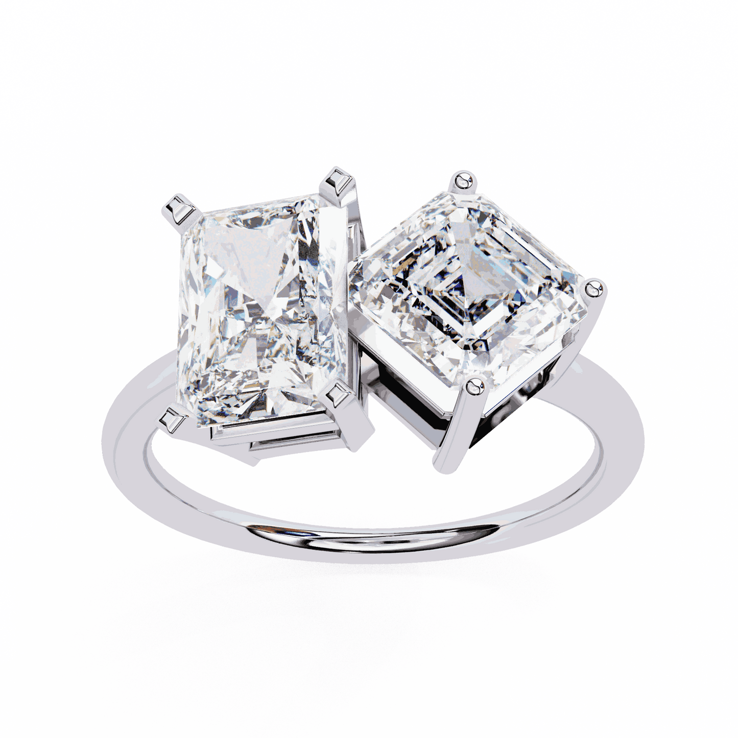 Radiant and Asscher Cut Lab Grown Diamond Toi et Moi Engagement Ring with Tilted Pairing