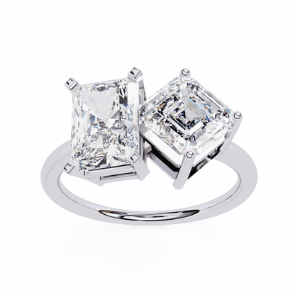 Radiant and Asscher Cut Lab Grown Diamond Toi et Moi Engagement Ring with Tilted Pairing