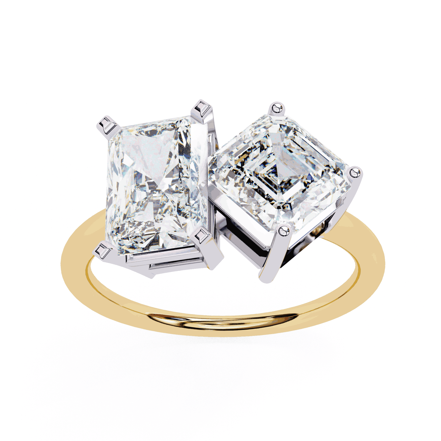 Radiant and Asscher Cut Lab Grown Diamond Toi et Moi Engagement Ring with Tilted Pairing