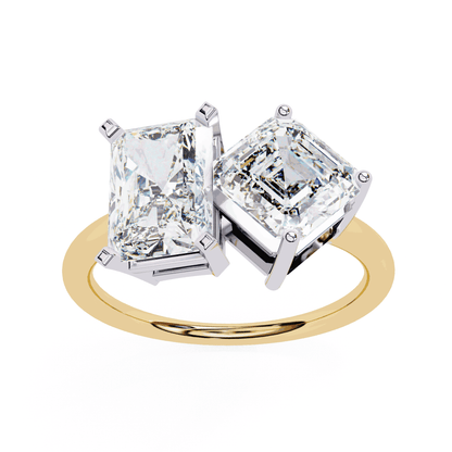 Radiant and Asscher Cut Lab Grown Diamond Toi et Moi Engagement Ring with Tilted Pairing