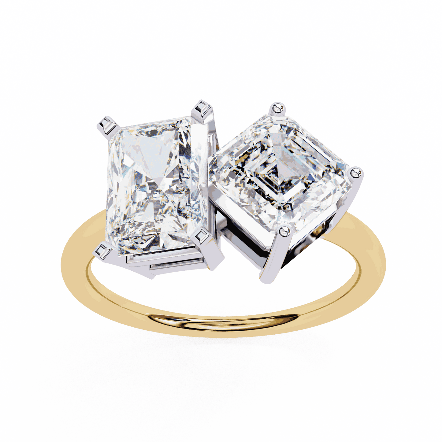 Radiant and Asscher Cut Lab Grown Diamond Toi et Moi Engagement Ring with Tilted Pairing