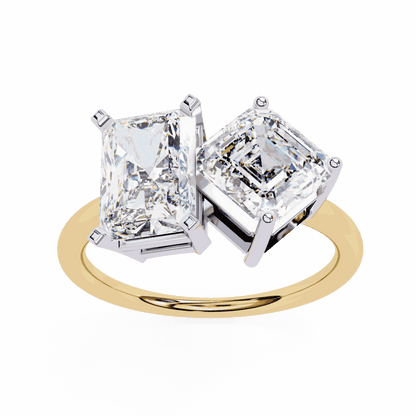 Radiant and Asscher Cut Lab Grown Diamond Toi et Moi Engagement Ring with Tilted Pairing
