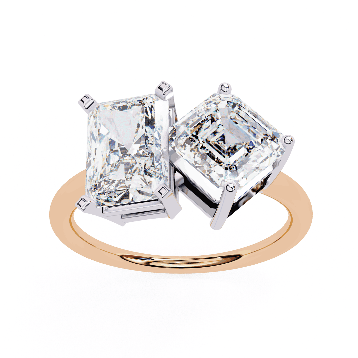 Radiant and Asscher Cut Lab Grown Diamond Toi et Moi Engagement Ring with Tilted Pairing