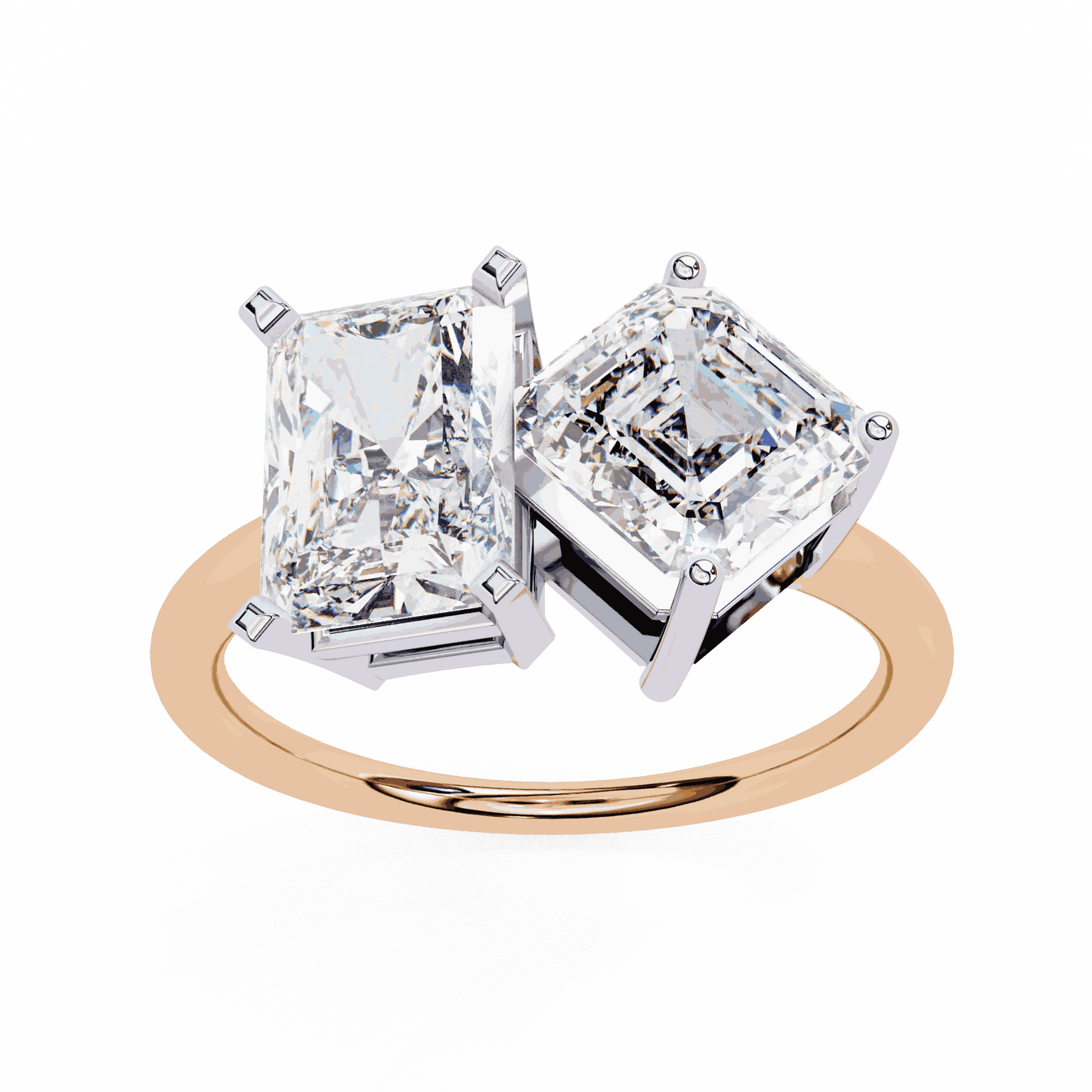 Radiant and Asscher Cut Lab Grown Diamond Toi et Moi Engagement Ring with Tilted Pairing