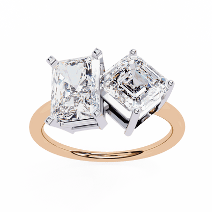 Radiant and Asscher Cut Lab Grown Diamond Toi et Moi Engagement Ring with Tilted Pairing