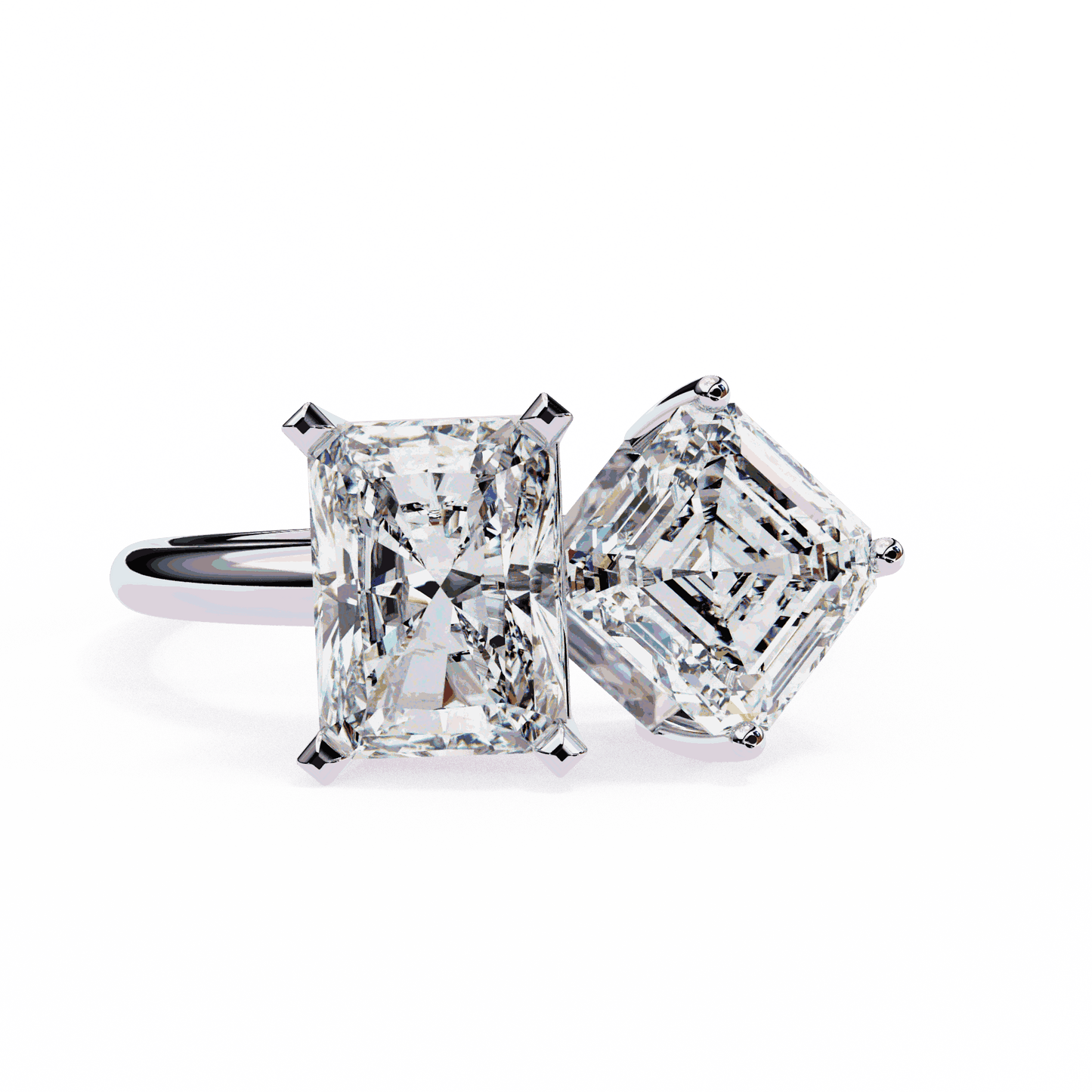 Radiant and Asscher Cut Lab Grown Diamond Toi et Moi Engagement Ring with Tilted Pairing
