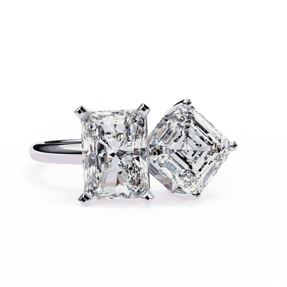 Radiant and Asscher Cut Lab Grown Diamond Toi et Moi Engagement Ring with Tilted Pairing