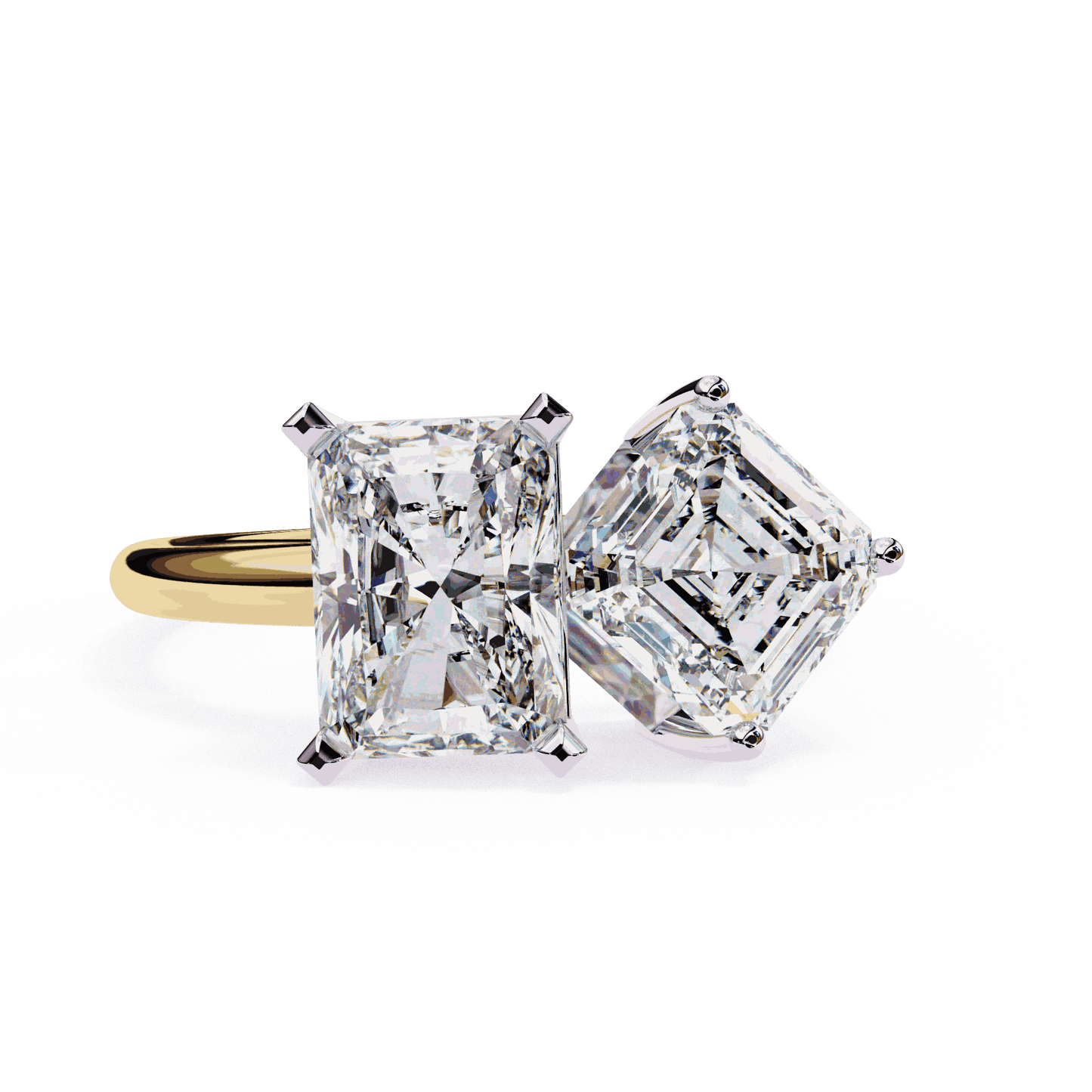 Radiant and Asscher Cut Lab Grown Diamond Toi et Moi Engagement Ring with Tilted Pairing